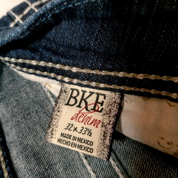 BKE Denim Payton Jeans Women 32L Dark Wash Blue Pants Whiskered White Stitching - Picture 5 of 16